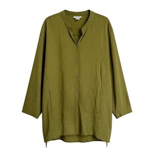 Citron Green Silk Button Up Tunic Top Plus Size 2X Lagenlook Pockets Forest Boho
